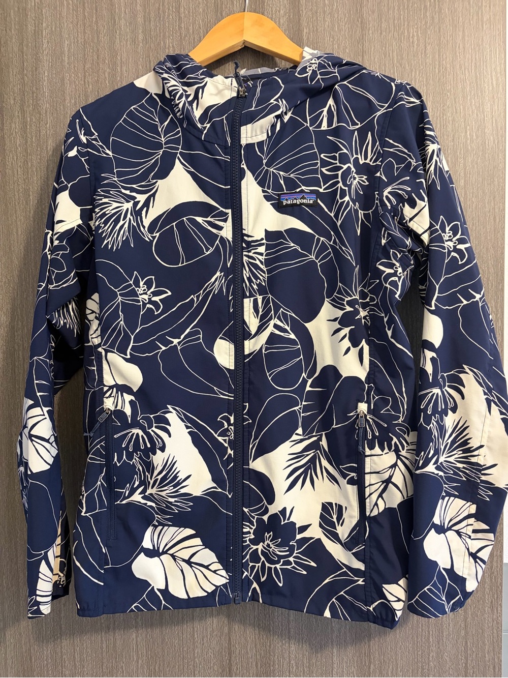 Patagonia Navy and White Floral Hooded Jacket